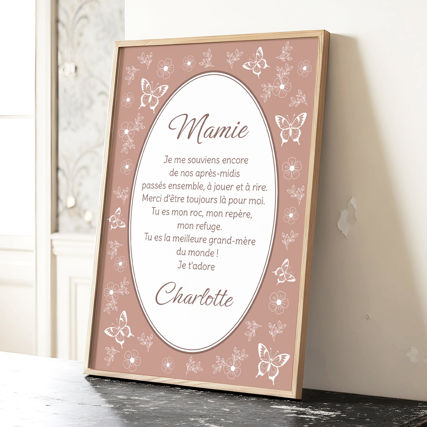 Affiche impression d'art papillon rose mamie