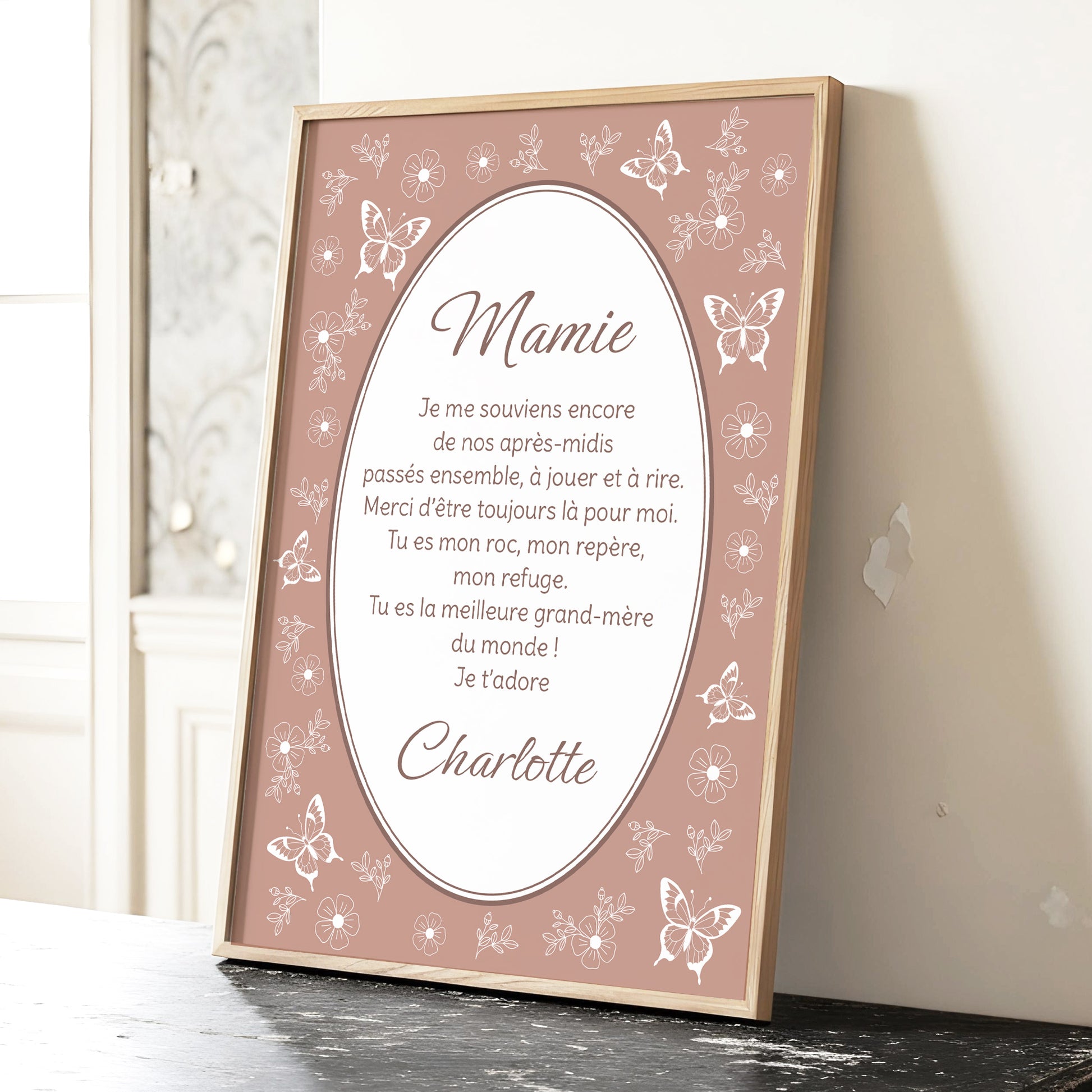 Affiche impression d'art papillon rose mamie