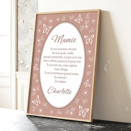 Affiche impression d'art papillon rose mamie