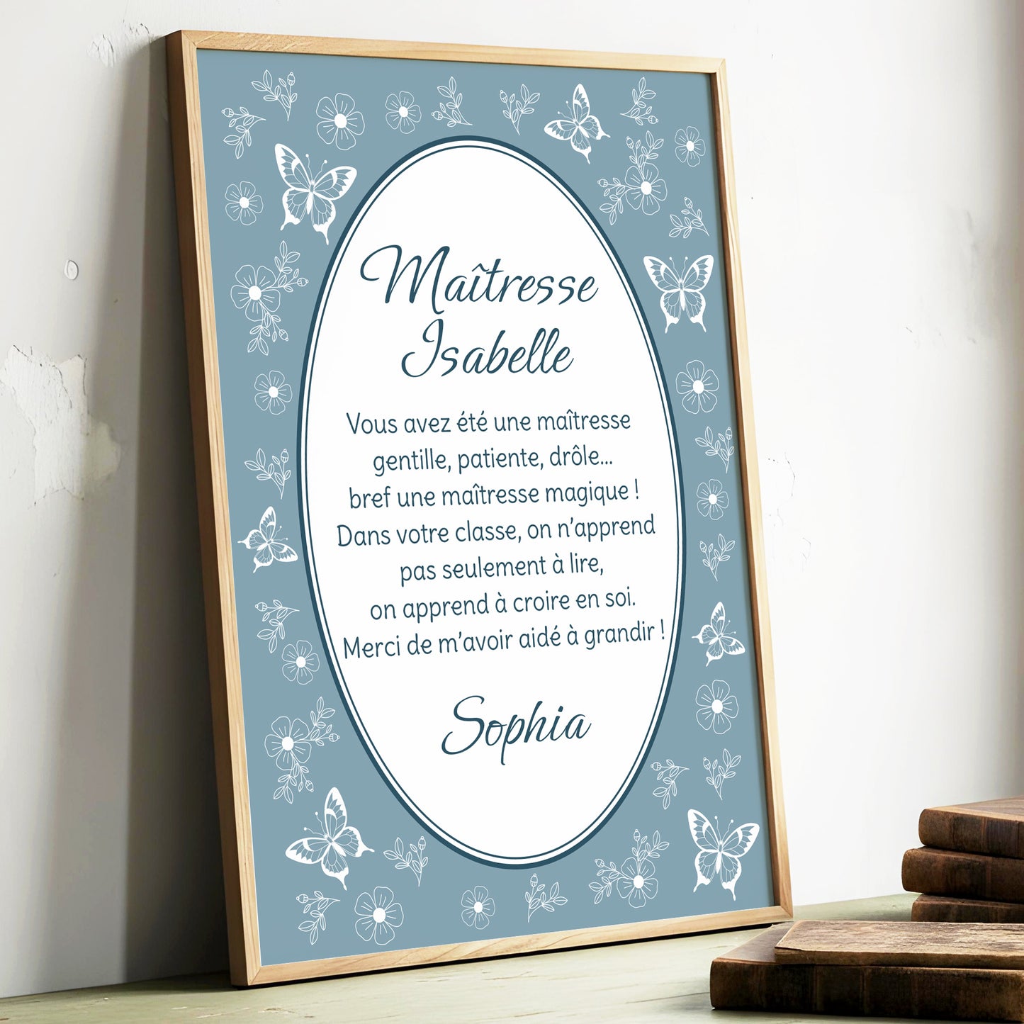 Affiche impression d'art personnalisée papillon bleue merci maitresse