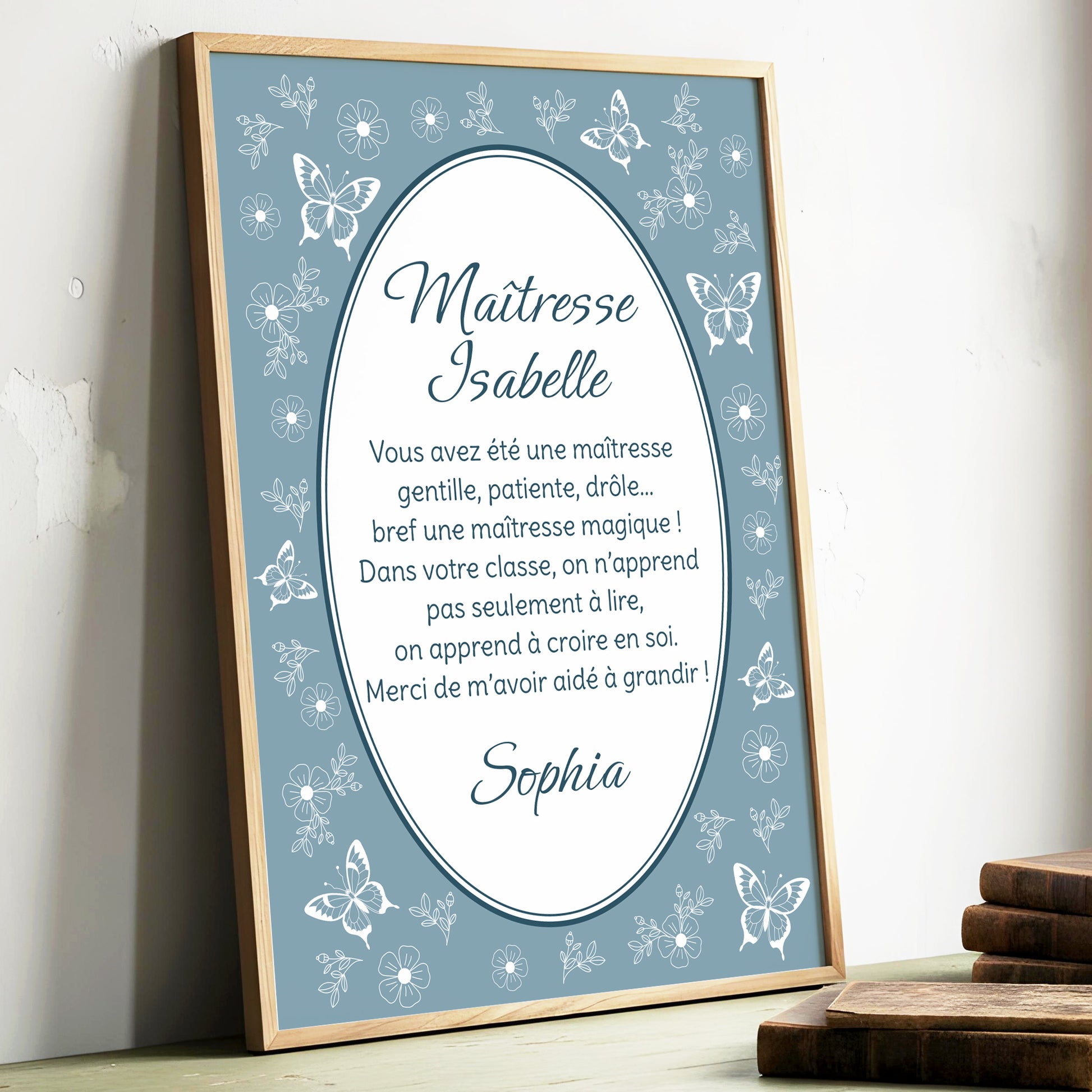Affiche impression d'art personnalisée papillon bleue merci maitresse