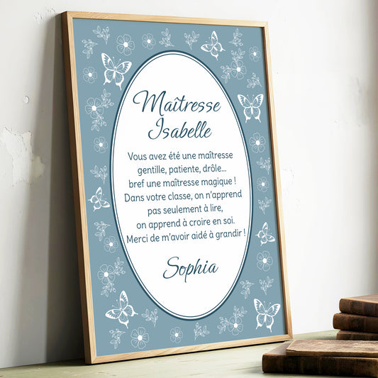 Affiche impression d'art personnalisée papillon bleue merci maitresse