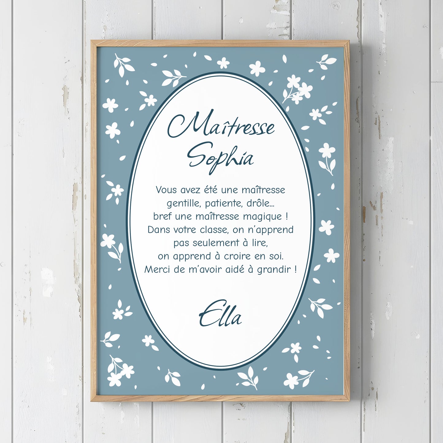 Affiche encadrée petites fleurs bleue cadeau maîtresse