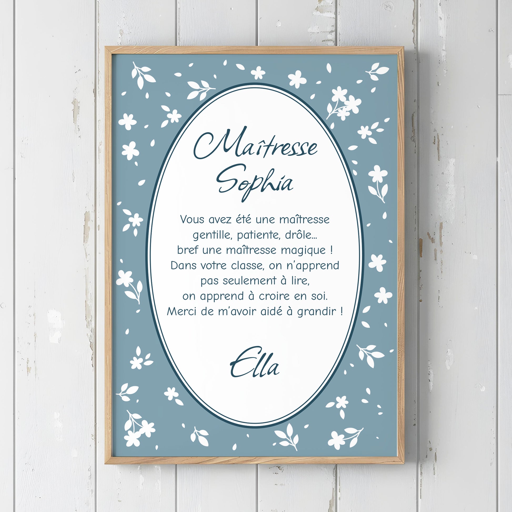 Affiche encadrée petites fleurs bleue cadeau maîtresse