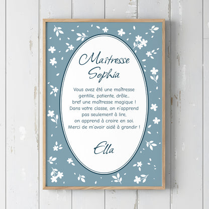 Affiche encadrée petites fleurs bleue cadeau maîtresse