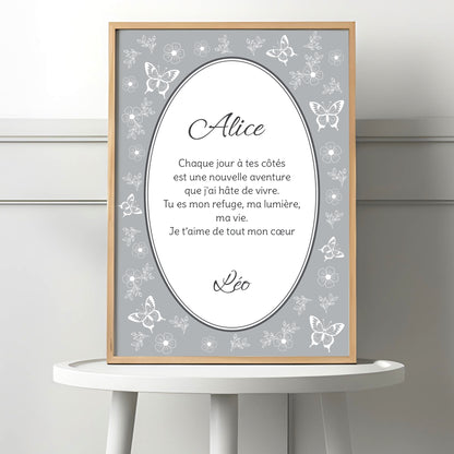 Affiche impression d'art personnalisée papillon grise mamie
