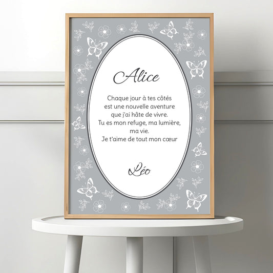 Affiche impression d'art personnalisée papillon grise mamie