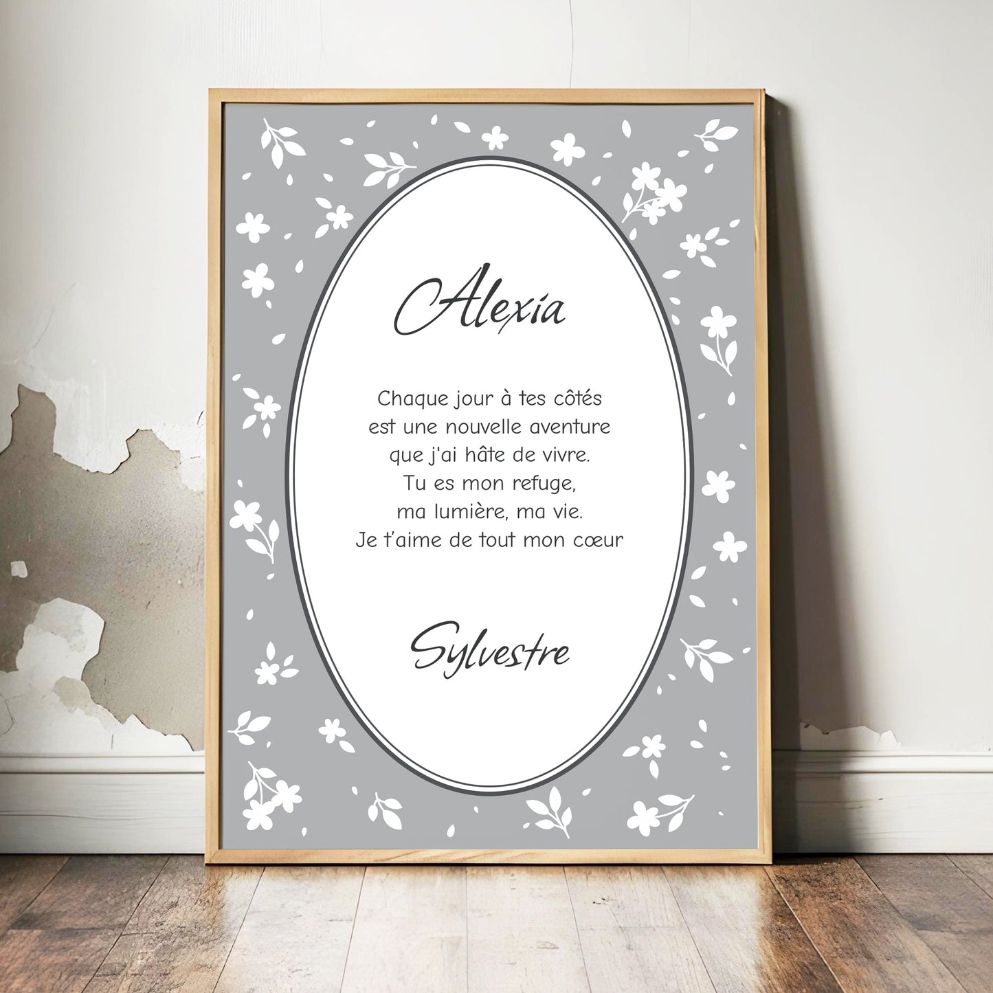 Affiche personnalisée cadeau petites fleurs gris
