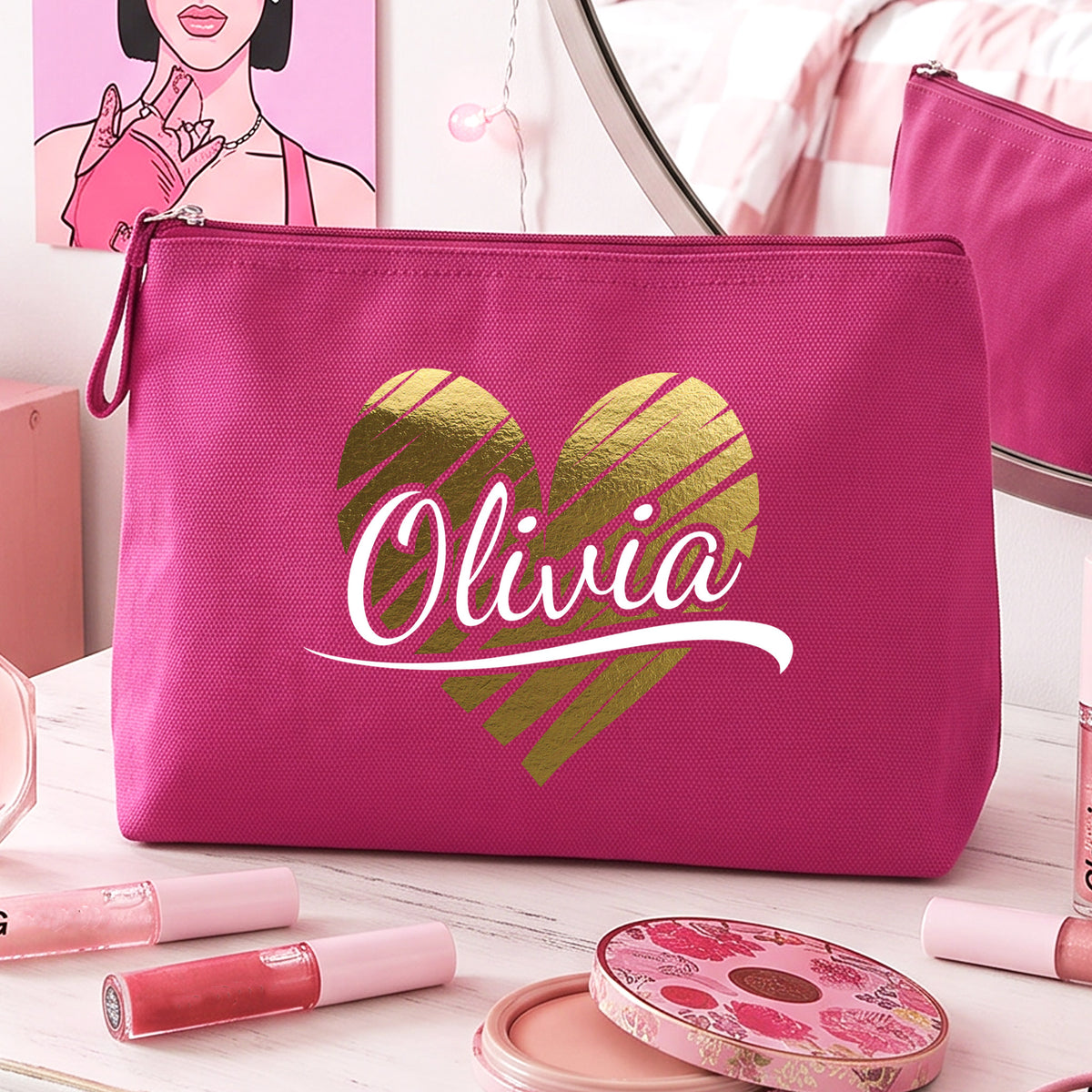 Cœur Doré - Trousse à maquillage Fuchsia dorée  personnalisée