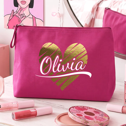 Cœur Doré - Trousse à maquillage Fuchsia dorée  personnalisée