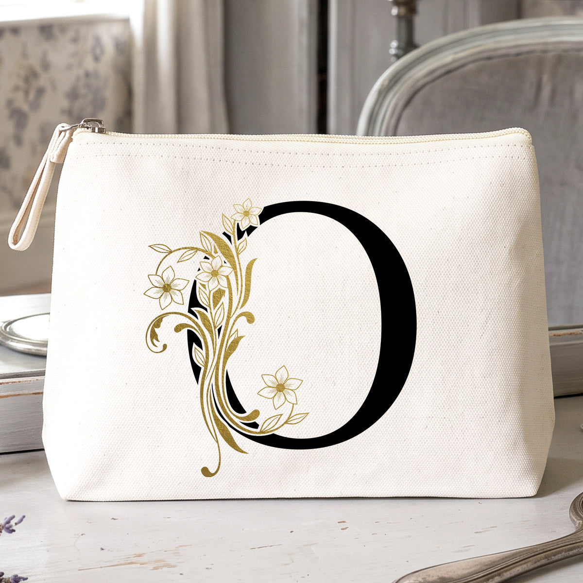 Fleur Dorée - Trousse coton naturel à maquillage personnalisée.