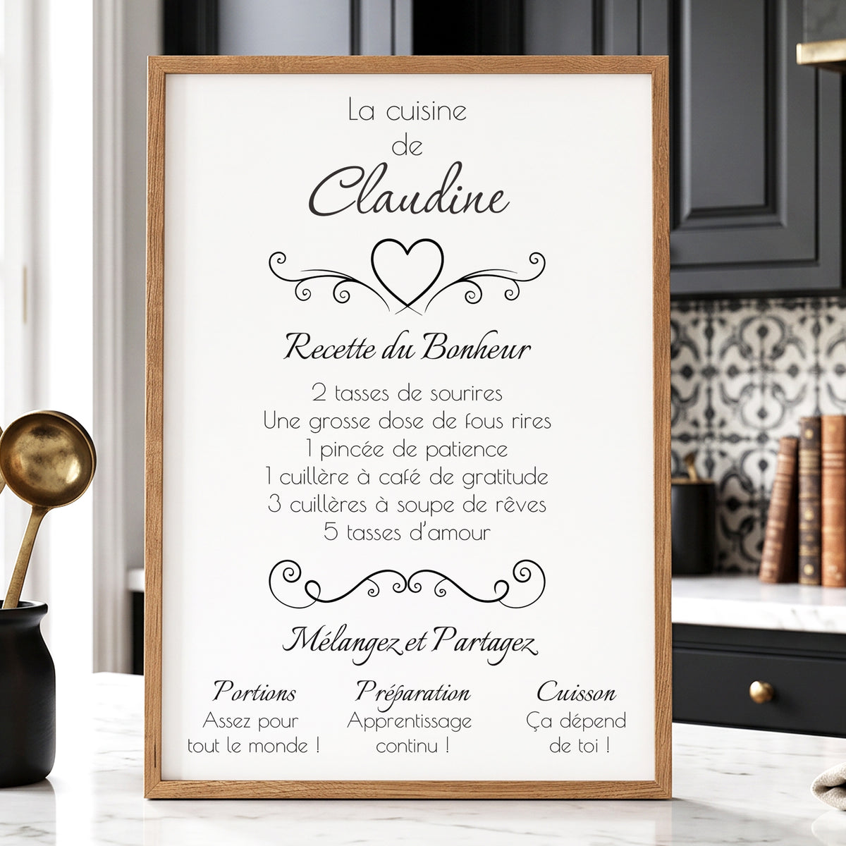La recette du bonheur - Affiche Cuisine avec cadre à personnaliser.