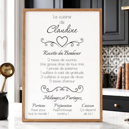 La recette du bonheur - Affiche Cuisine avec cadre à personnaliser.