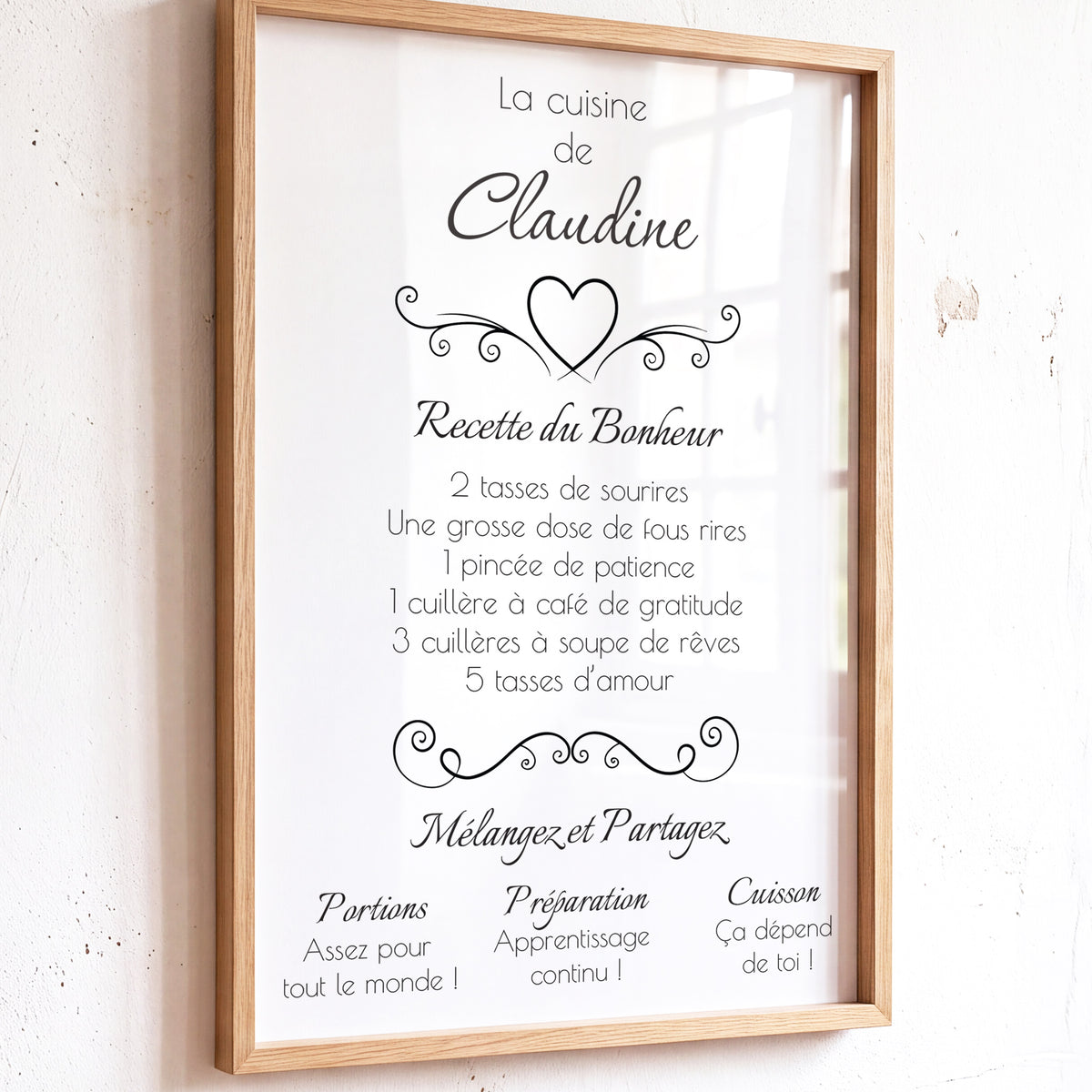 La recette du bonheur - Affiche Cuisine avec cadre à personnaliser. cadeau anniversaire