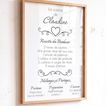 La recette du bonheur - Affiche Cuisine avec cadre à personnaliser. cadeau anniversaire