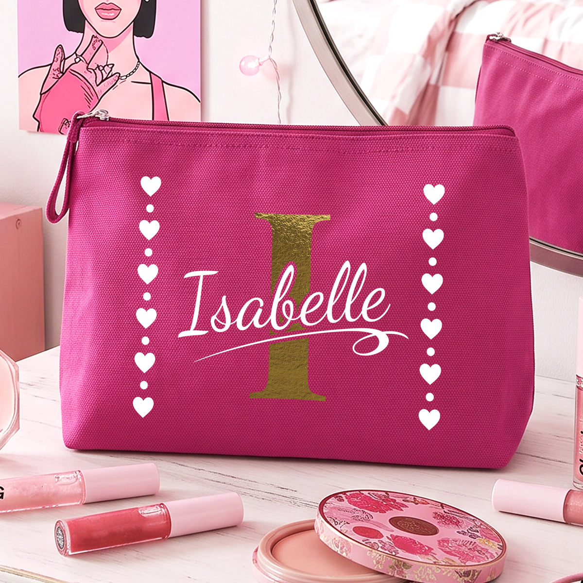 Little Hearts - Trousse à maquillage Fuchsia et dorée  personnalisée 