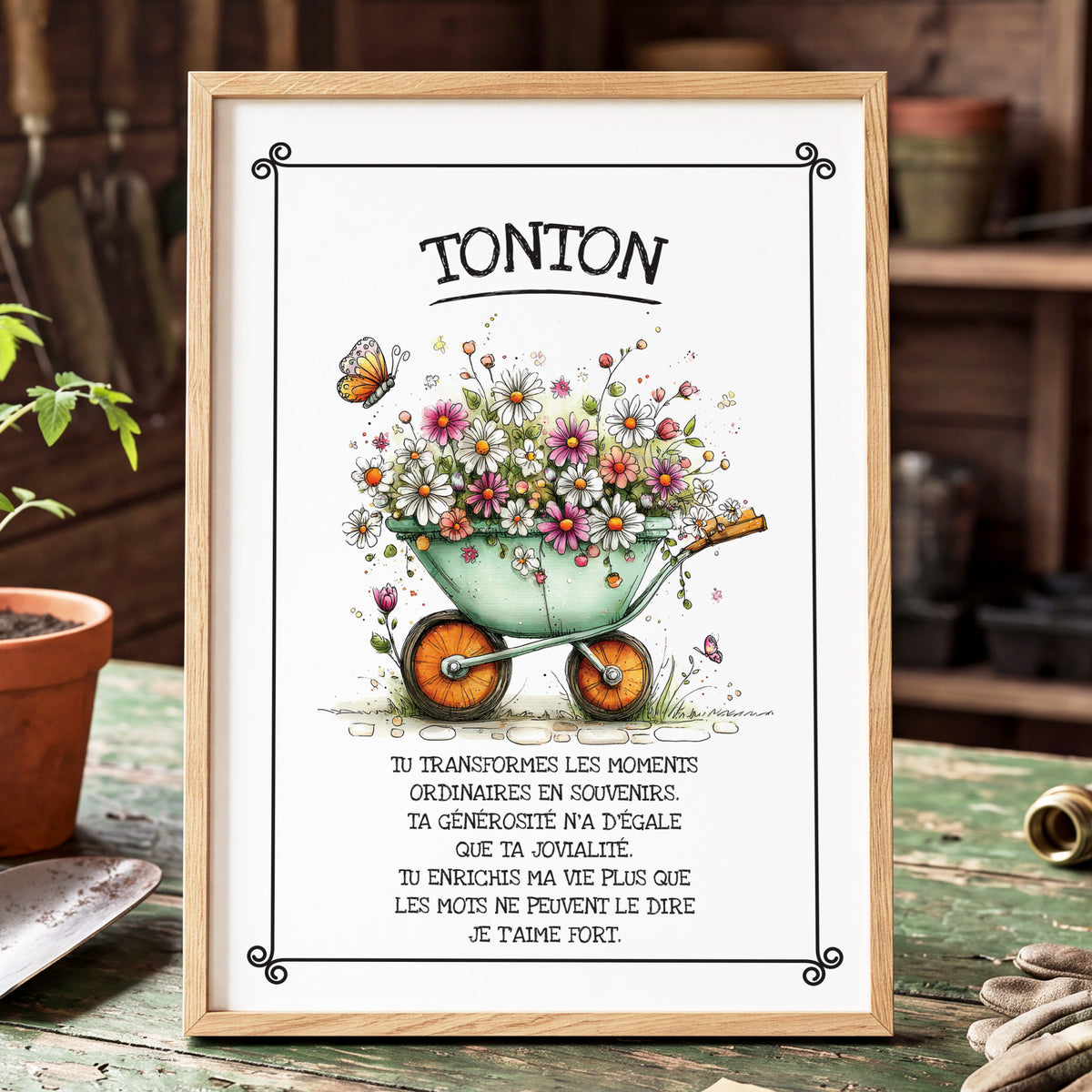 Affiche La Brouette Fleurie encadrée pour une décoration sur le thème du jardin