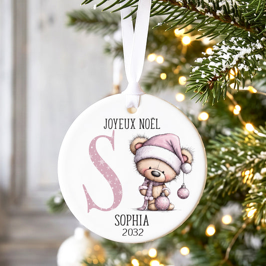 Boule de Noël personnalisée en céramique avec motif ours rose