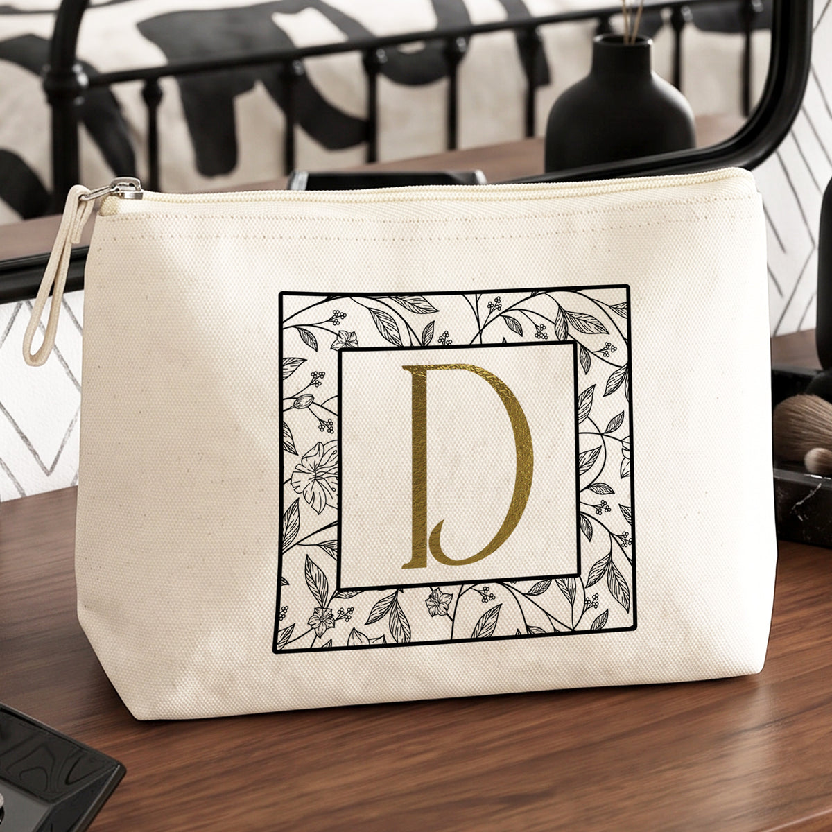 Éclat Doré - Trousse coton naturel à maquillage personnalisée.
