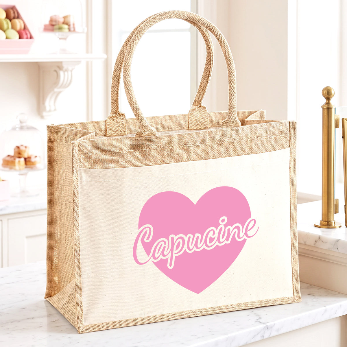 coeur rose - cabas en jute personnalisé avec le prénom cadeau anniversaire