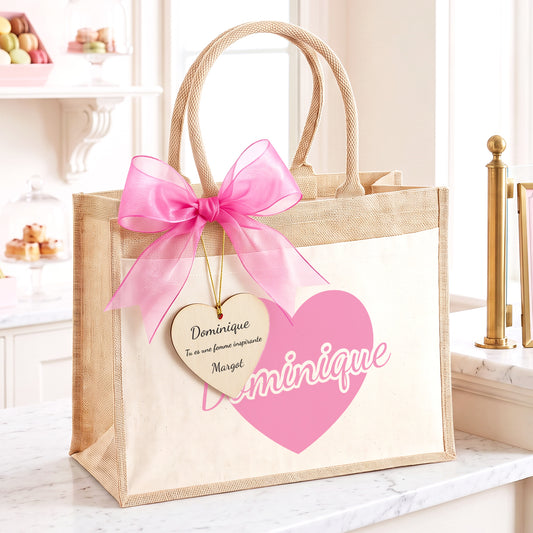 coeur rose - cabas en jute personnalisé avec le prénom
