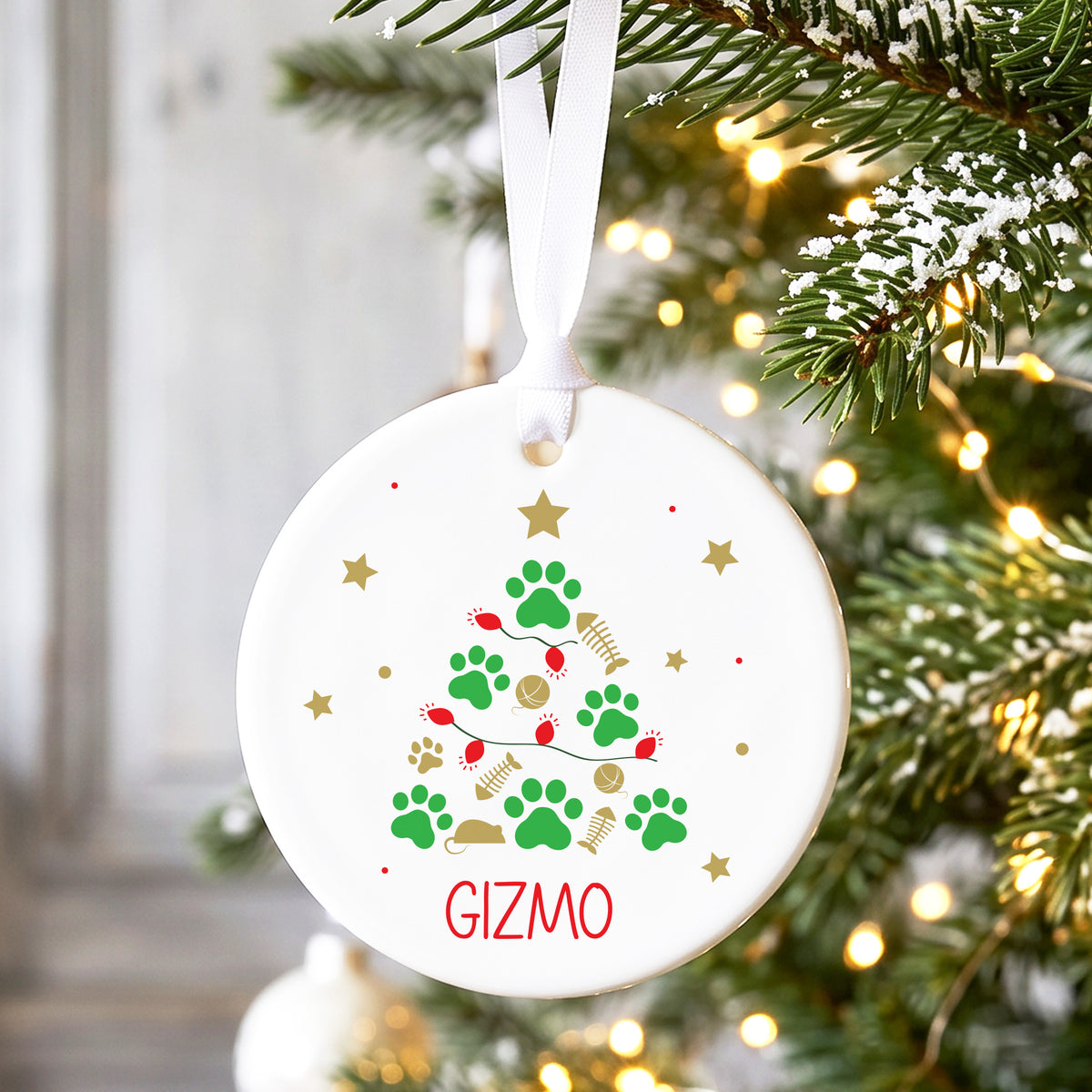 Décoration de Noël en céramique personnalisée avec le prénom du chat