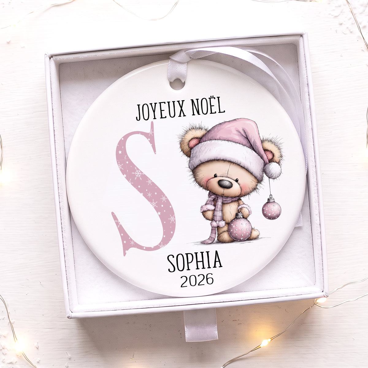 Décoration de Noël ours rose personnalisée avec un prénom et une année