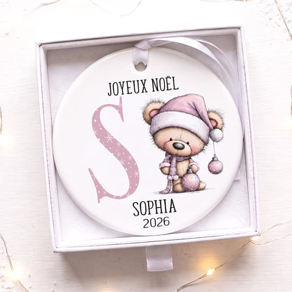 Décoration de Noël ours rose personnalisée avec un prénom et une année