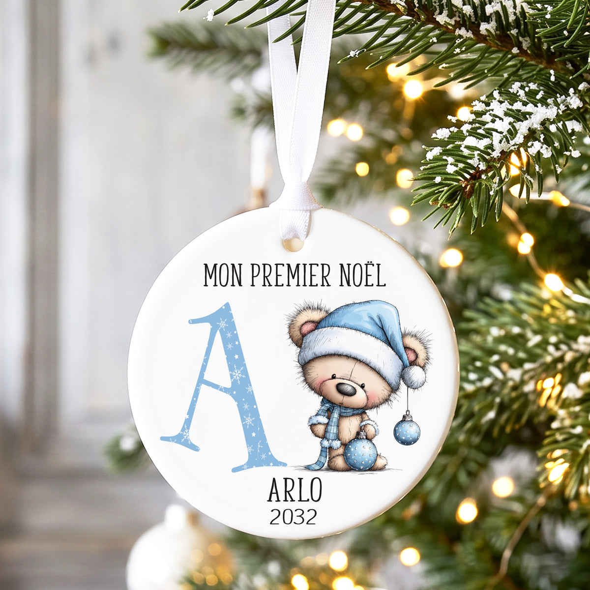 Décoration de Noël personnalisée pour le premier Noël de bébé avec un ours bleu