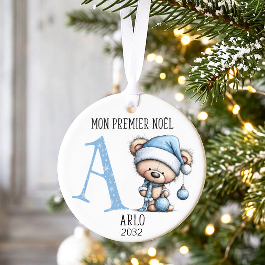 Décoration de Noël personnalisée pour le premier Noël de bébé avec un ours bleu