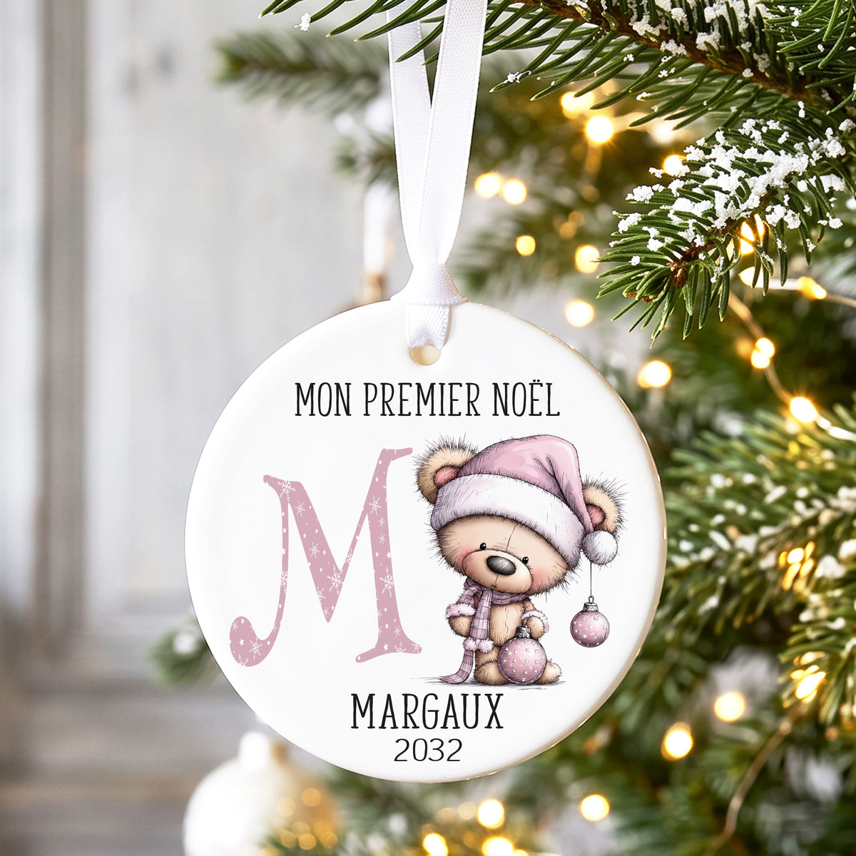 Décoration de Noël personnalisée pour le premier Noël de bébé avec un ours rose
