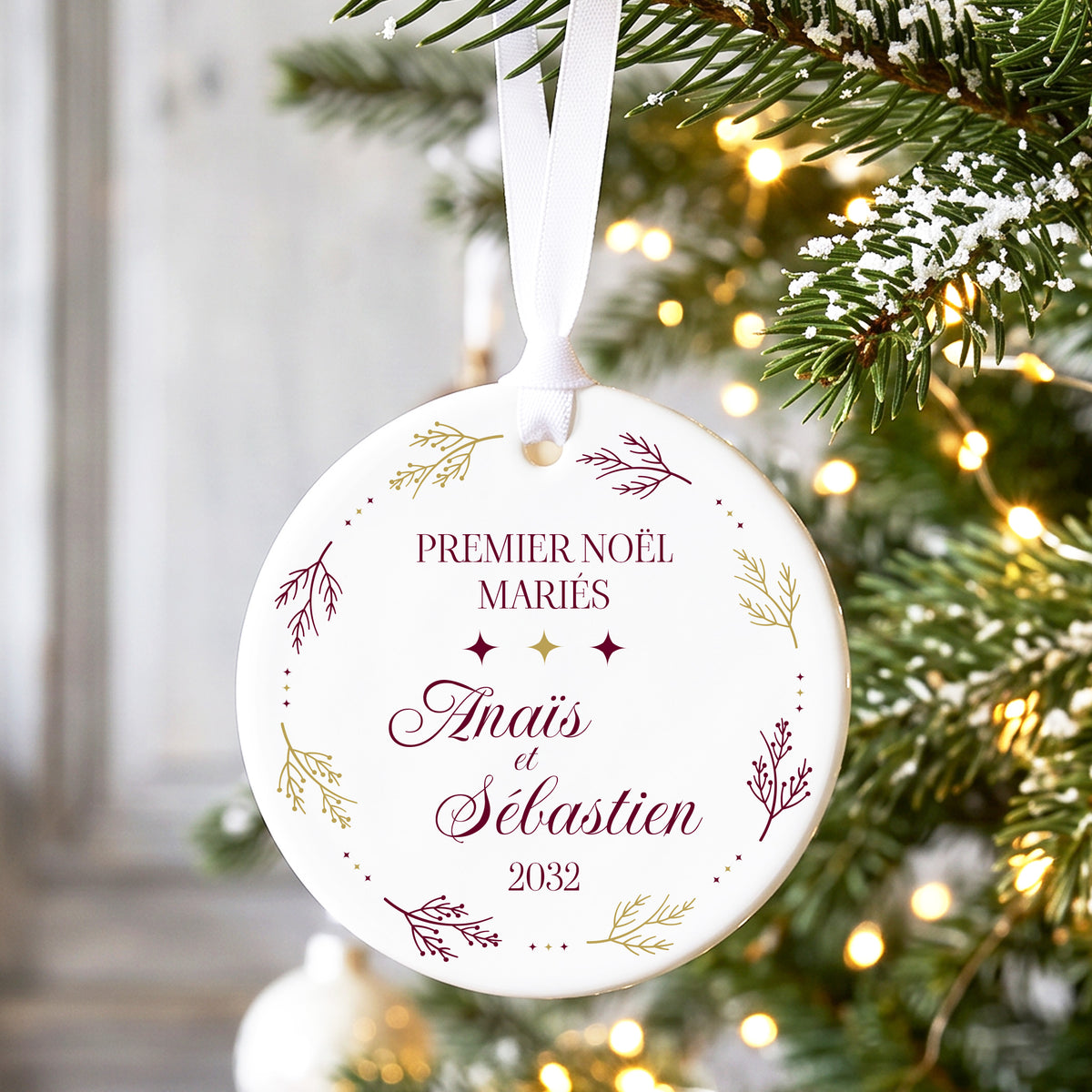 Décoration de Noël personnalisée en céramique pour le premier Noël des mariés