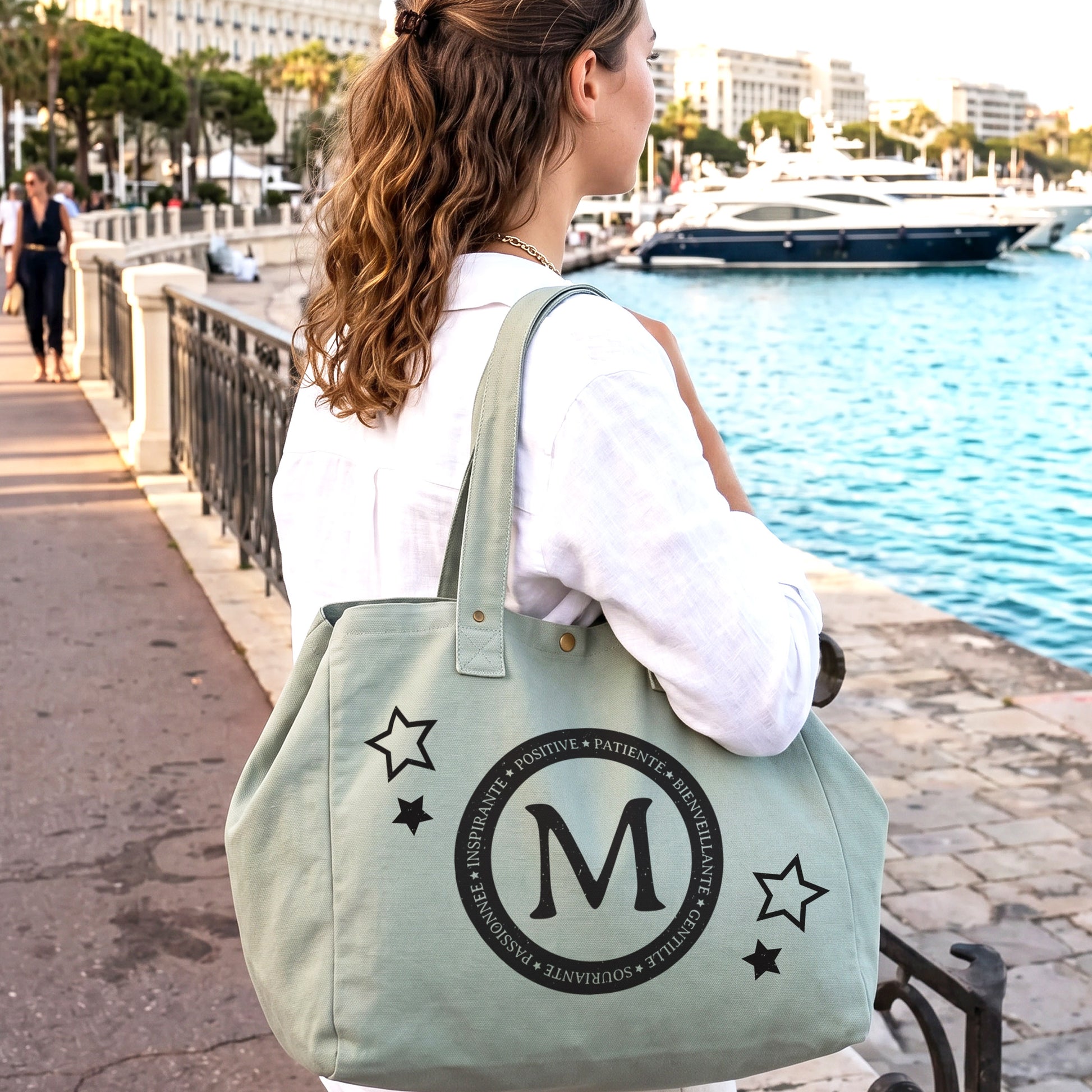 grand sac cabas personnalisé en coton délavé vert gris