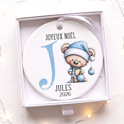 Décoration de sapin ours bleu personnalisée avec un prénom